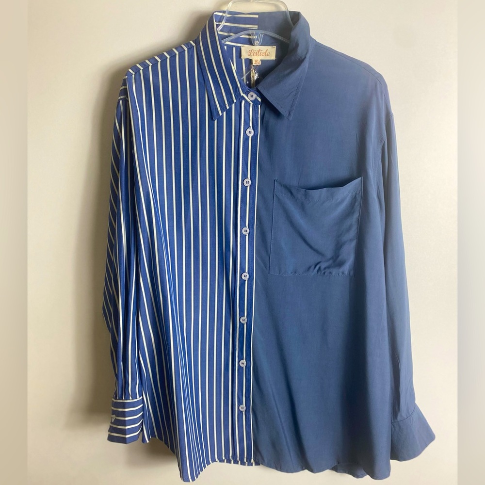 LISTICLE Denim Look Stripe Long Sleeve 2 Design Style Women's Top Size Large NEW
